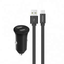 Chargeur allume-cigares 2 USB-A 4,8A Fast Charge+câble USB-A/C - 100% plastique recyclé 1 m - noir