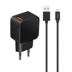 Chargeur secteur 1 USB-A 2,4A Fast Charge+câble USB-A/micro-USB-100% plastique recyclé 1,2 m - noir