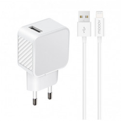 Chargeur secteur 1 USB-A 2.4A Fast Charge+ câble USB-A/MFI - 100% plastique recyclé 1,2 m - blanc