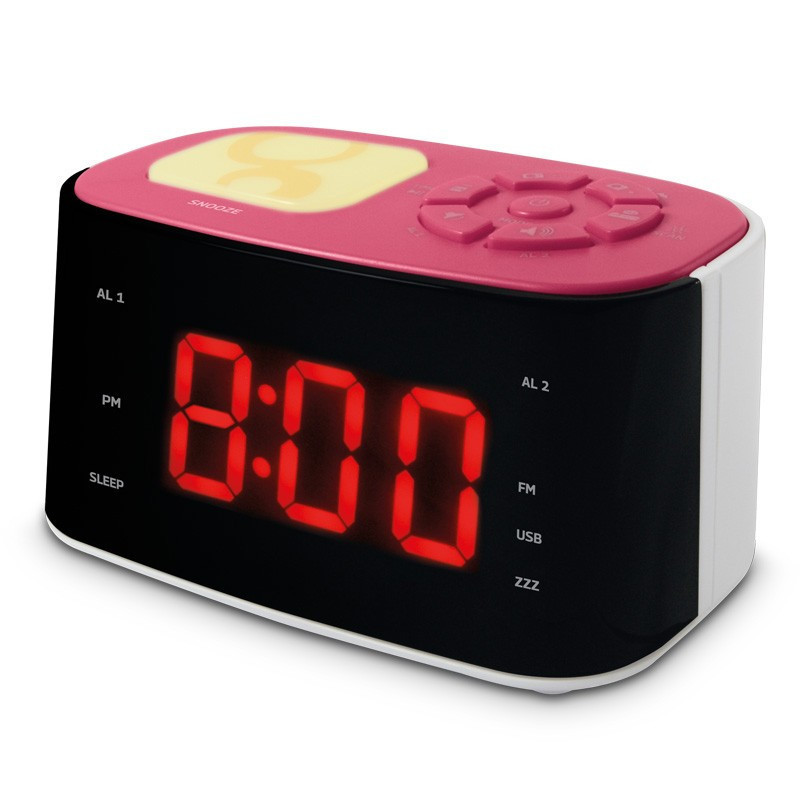 Radio-réveil FM veilleuse double alarme avec port USB - rose
